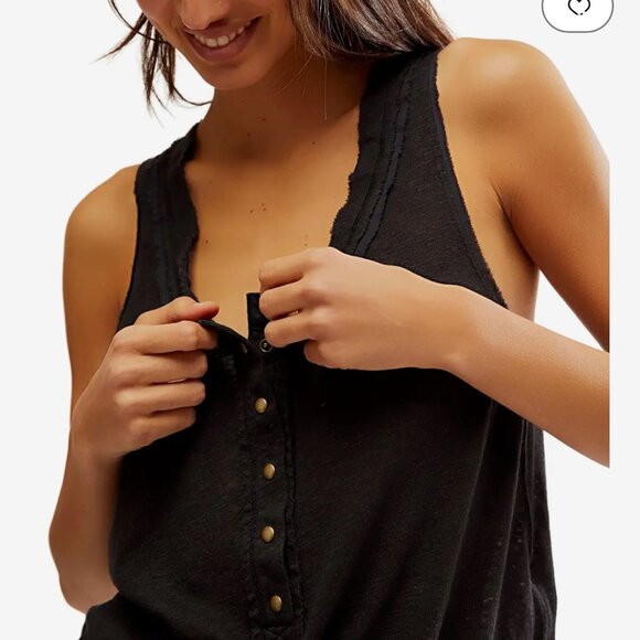 Free People Women's Love Language Solid Tank black linen slit hem henley XS - Picture 5 of 11